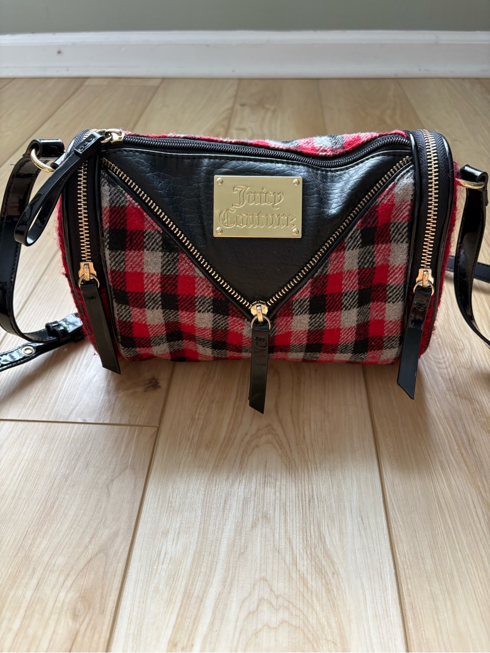 Juicy Couture Red and Black Plaid Barrel Baguette Crossbody Y2K Preppy